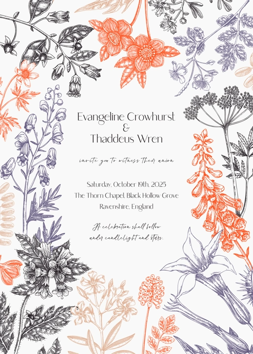 Poisonous plants hand drawn vector illustration. Gothic wedding invitation design template. Witchcraft,witch herbs apohecary frame.  NOT AI generated